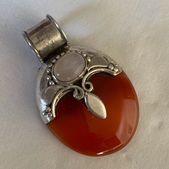 𝅺STERLING SILVER 925 VINTAGE CARNELIAN PINK QUARZ LARGE PENDANT​​ - Picture 4 of 5